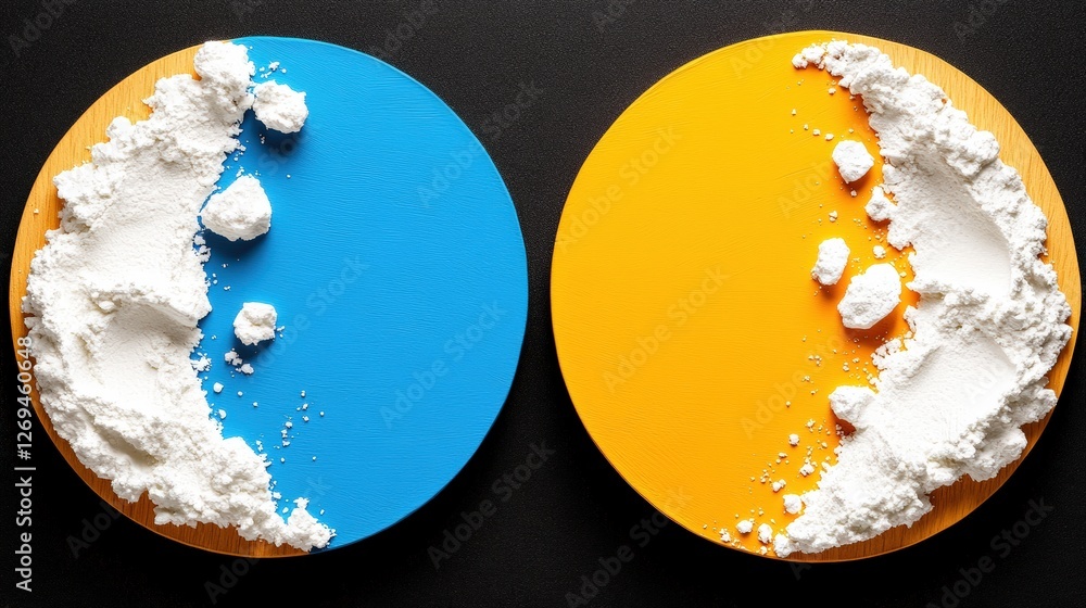 Poster two plates with different colors on an abstract gradient background in orange and grainy texture