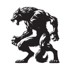 Fierce Werewolf silhouette in a battle-ready pose - Werewolf illustration - Minimalist Werewolf vector - Mythical creature silhouette
