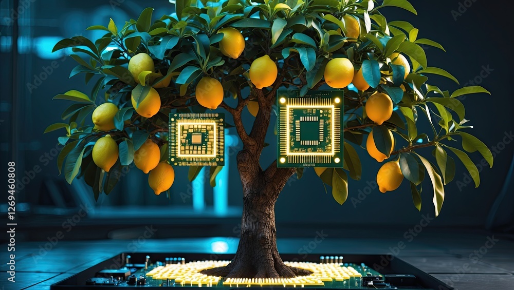Aufkleber futuristic lemon tree with glowing computer chips, symbolizing technology and nature merging in a mo