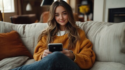 Obraz premium Cozy young woman relaxing on a couch with her smartphone