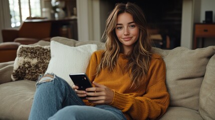 Obraz premium Young woman relaxing on a couch while using her smartphone