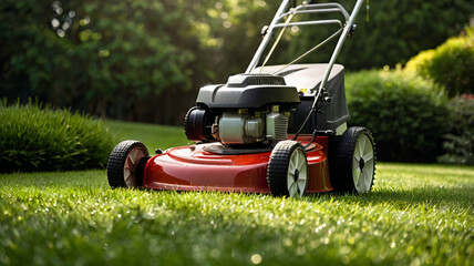 Fototapeta premium Lawn mower on bright grass. Mowing the grass early in the morning.