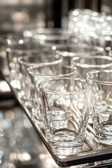 Empty glasses arranged on a shiny tray.