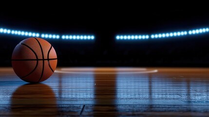 Obraz premium A basketball rests on the court floor, illuminated by bright arena lights.