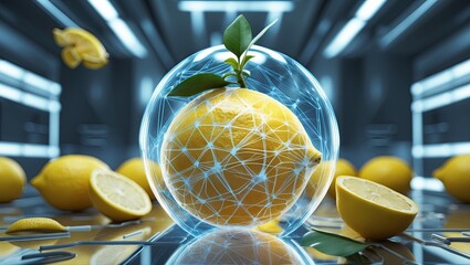 A vibrant yellow lemon displayed inside a transparent protective sphere with digital patterns, surrounded by whole and sliced lemons in a futuristic