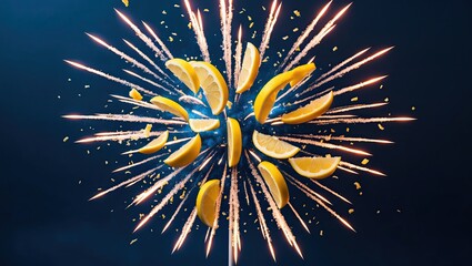Bright lemon slices exploding with colorful sparks against a dark blue background, creating a dynamic and energetic visual