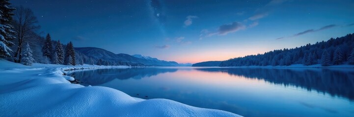Fototapeta premium Snowflakes gently fall on a frozen lake under starry sky, snow, nature