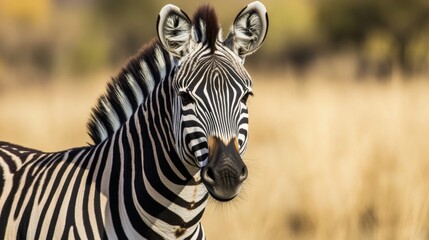 Naklejka premium Zebra in natural habitat with distinctive black and white stripes in grasslands