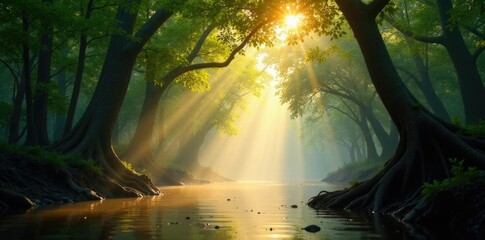 Sunlit sunlight filtering through the mangrove canopy, Sundarbans, branches, wildlife