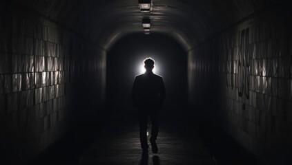 Silhouette of a man approaching light in a dark tunnel, symbolizing hope and renewal
