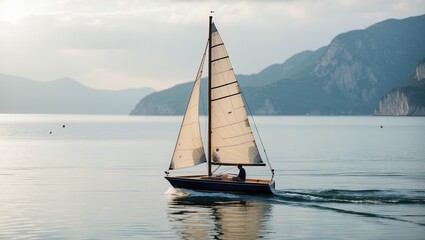 A serene sailing scene with a sailboat gliding across calm waters surrounded by mountains under soft clouds