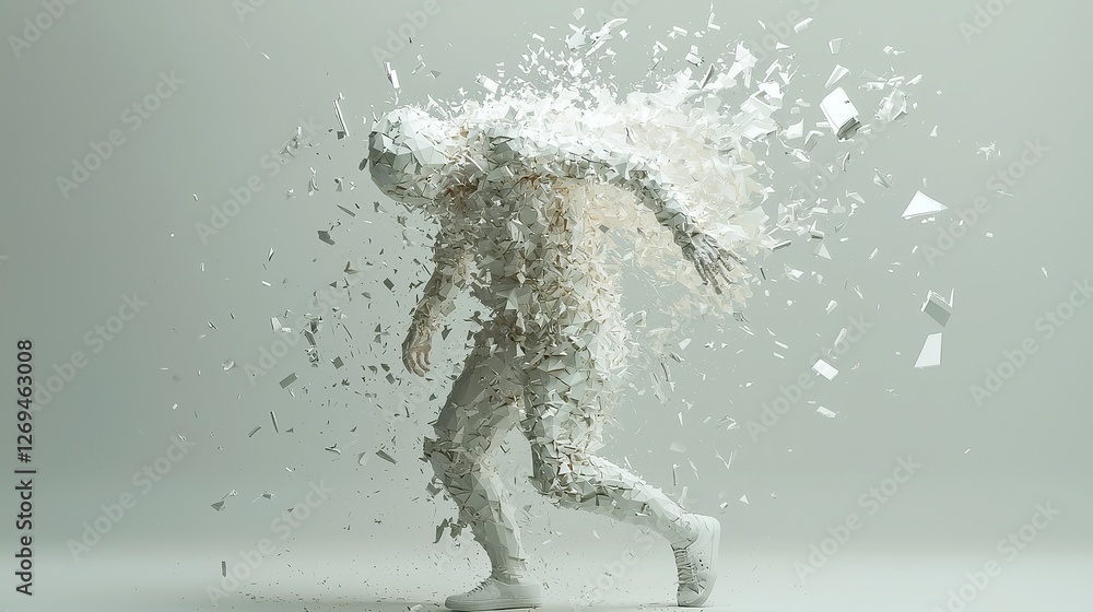 Poster fragmented form, an abstract representation of a human figure disintegrating into geometric shapes, 