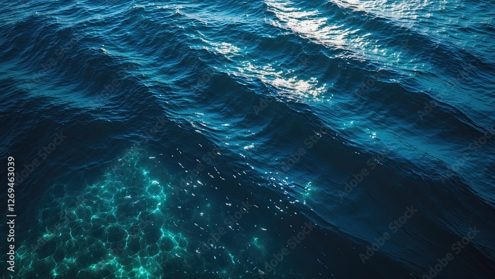 Poster a serene view of ocean waves sparkling under sunlight, creating a tranquil and mesmerizing atmospher