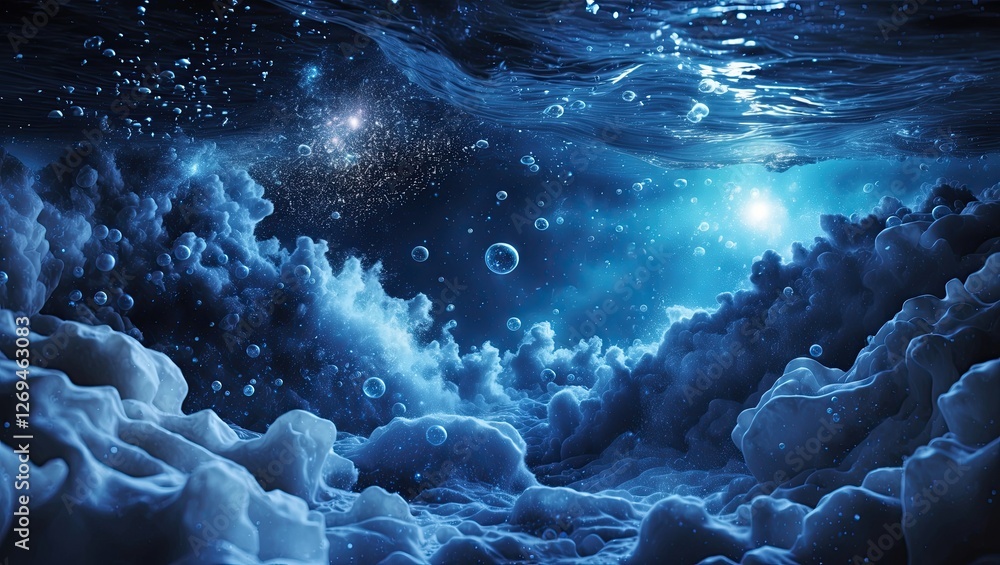 Poster a serene underwater scene showcasing waves and bubbles illuminated by light, creating a calming ocea