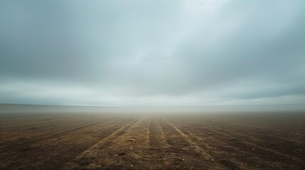 Enigmatic mist drifting over barren field