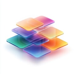 A vibrant, layered design featuring translucent squares in gradient hues of orange, purple, and green, creating a modern, abstract aesthetic.