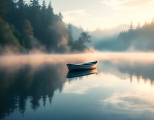 A small fishing boat floating in the middle of a calm lake, with mist rising from the water in the early morning