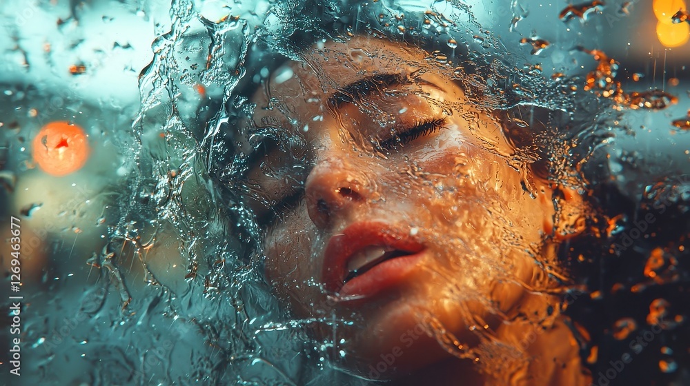 Poster celestial transformation, a captivating profile where raindrops morph into stars, creating a dreamy 
