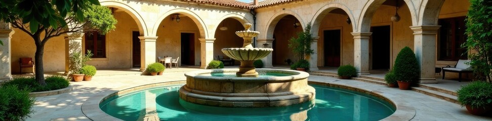 Fototapeta premium The monastery's courtyard with a large stone fountain, garden, Mediterranean, pool