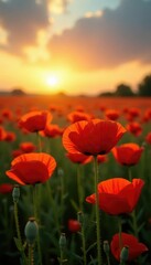 The poppy field glows with a soft golden light as the sun dips low, wildflowers, poppy field, nature