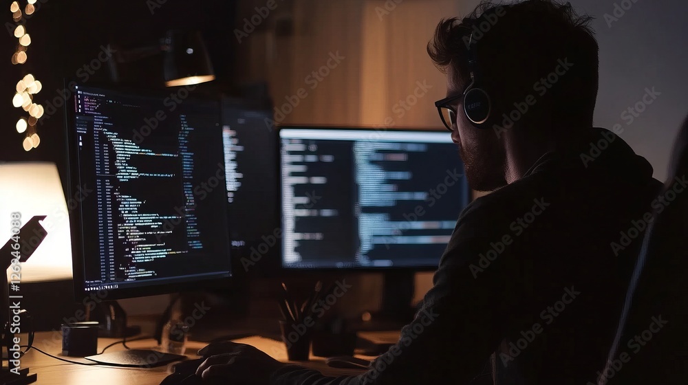 Poster close-up of digital marketing professional analyzing data on multiple computer screens in a modern o