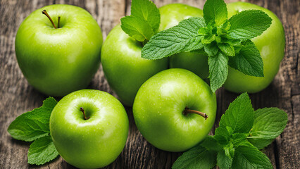 Juicy green apples complemented by mint foliage