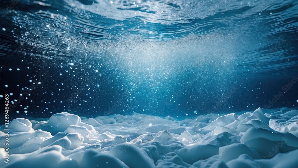 Poster underwater scene showcasing shimmering bubbles and ice fragments, illuminated by soft blue light, cr