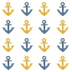Anchor blue gold watercolor seamless pattern isolated on white. Hand painted art perfect for cards, wrapping paper, packaging, tickets, stationary tourism, travel, voyage design. Monochromatic clip