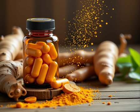 A glass jar filled with orange capsules sits on a wooden surface, surrounded by turmeric roots and powder, highlighting natural health and wellness.