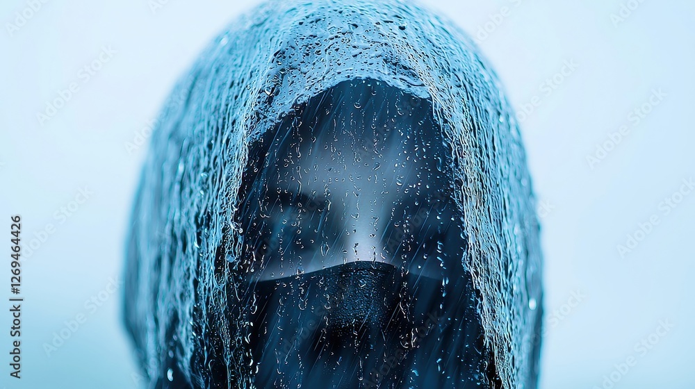 Poster raindrop silhouette in thunderstorm, a dramatic scene capturing a shadowy figure enveloped in cascad