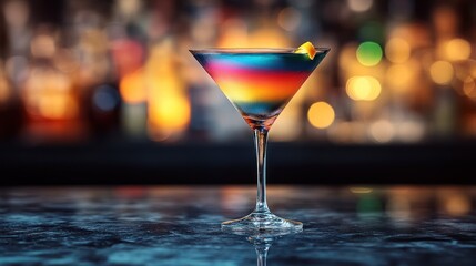Elegant rainbow cocktail in a martini glass, luxury bar setting