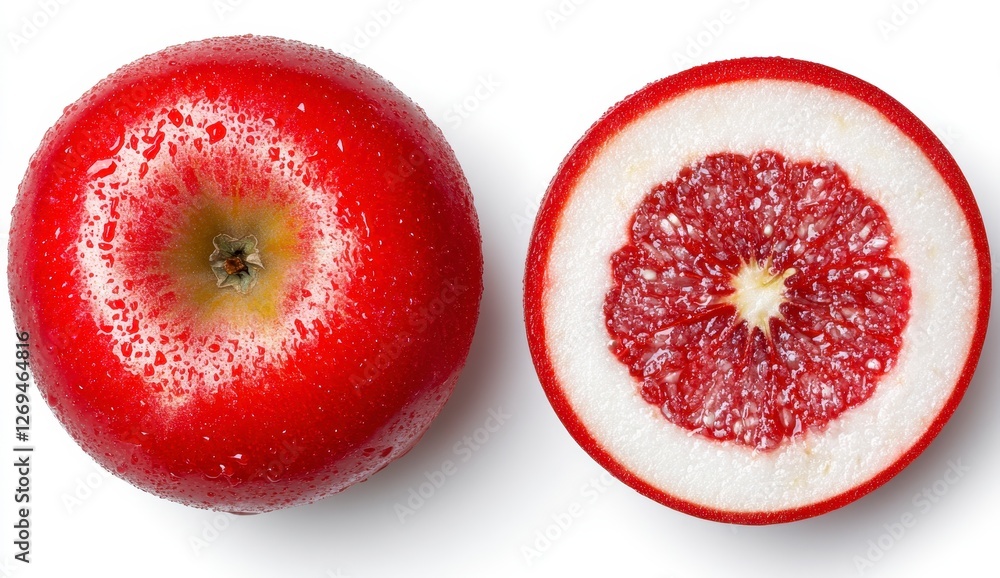 Poster overhead view of a whole red apple and a cross section of a similar red citrus fruit against a plain