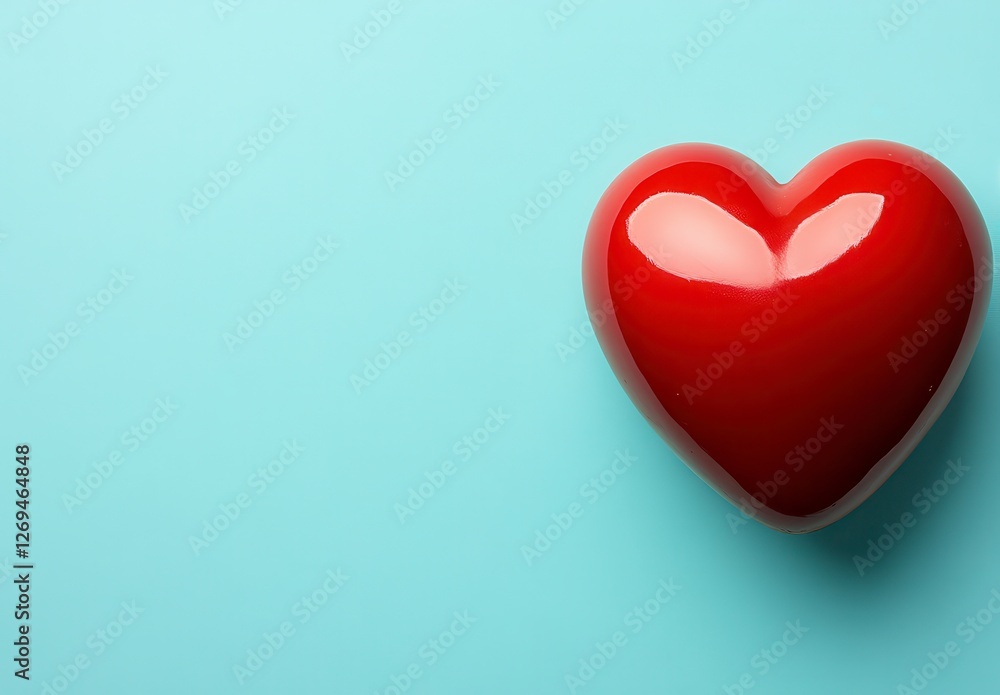 Poster red heart on a light blue background. a simple image with copy space. the heart is glossy and reflec