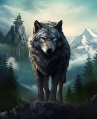 A Majestic Wolf Stands Guard in Mountain Peaks.