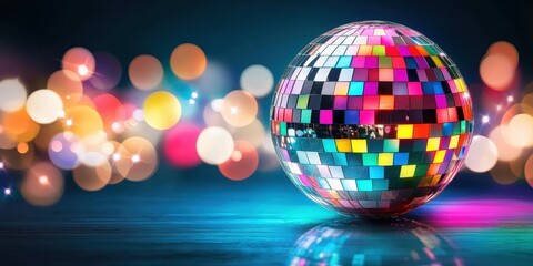 Shiny disco ball reflecting colorful lights in a vibrant atmosphere.