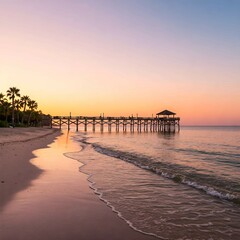Obraz premium Golden Hour Beach Scene with Gentle Waves and a Wooden Pier