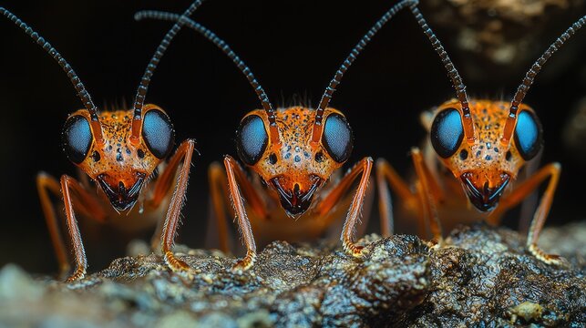 Three Orange Insects With Striking Blue Eyes