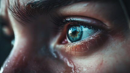 A close-up of a person's tear-filled eyes, capturing deep sadness and sorrow
