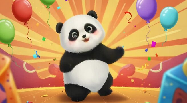 Cheerful Dancing Panda with Balloons