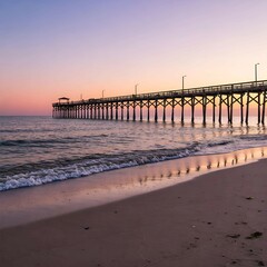 Fototapeta premium Golden Hour Beach Scene with Gentle Waves and a Wooden Pier