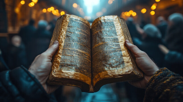 Synagogue during a religious service, with people holding Torah scrolls and singing in harmony