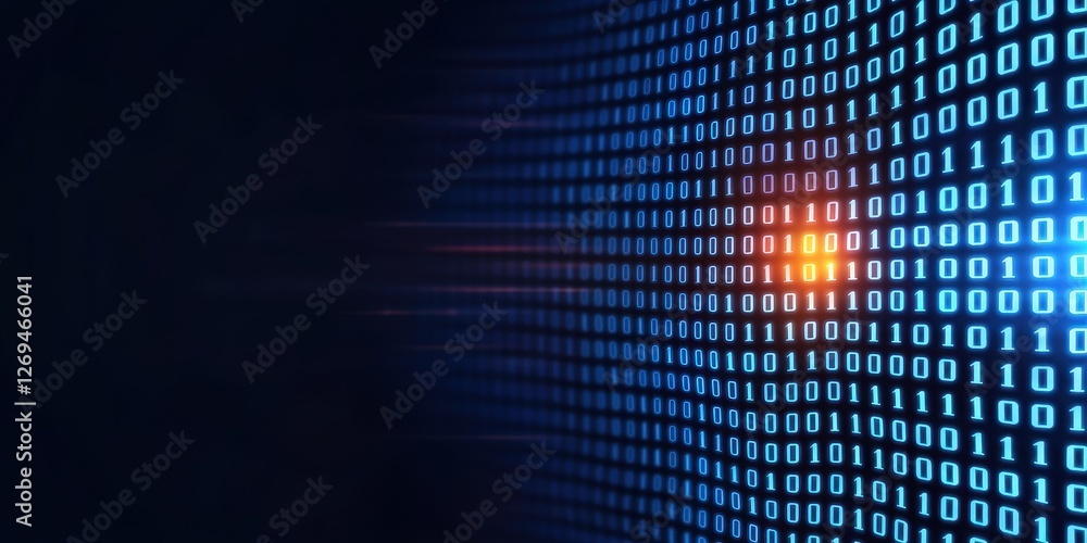 Poster digital binary data stream with glowing elements on a dark background.