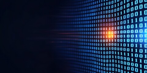 Digital binary data stream with glowing elements on a dark background.