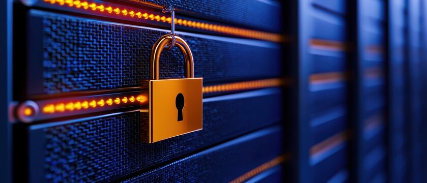 A close-up of a padlock on a secure server, symbolizing data protection and security.