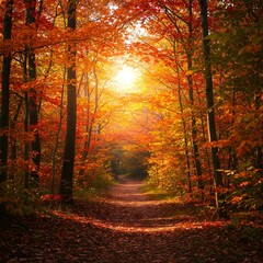 Obraz premium Vibrant Autumn Forest with Sunlight Streaming Through Red and Yellow Leaves autumn forest in the morning 4k hd high quality wallpaper background picture 