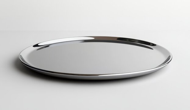 A reflective, metallic silver platter rests on a light gray surface. The platter is round with slightly raised edges, creating a gentle curve. The