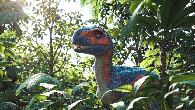 Fierce mongoliensis species prowls dense jungle habitat. Orange and blue scaled hunter navigates through palm fronds and tropical vegetation in dappled sunlight. Static close-up shot.
