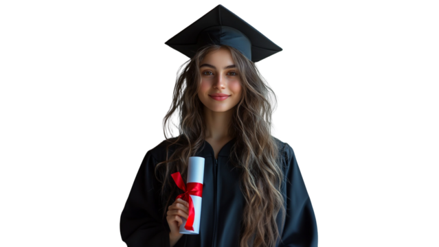 A smiling young female university college student, wearing a square academic cap and a graduation gown, holding a diploma or degree scroll. Suitable for marketing or business purposes. PNG file - Powered by Adobe