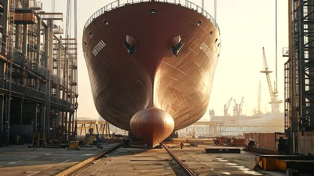 Massive cargo ship under construction at a shipyard for global trade