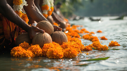 Hindu pilgrims offering coconuts and flowers at a riverside temple, creating a colorful scene